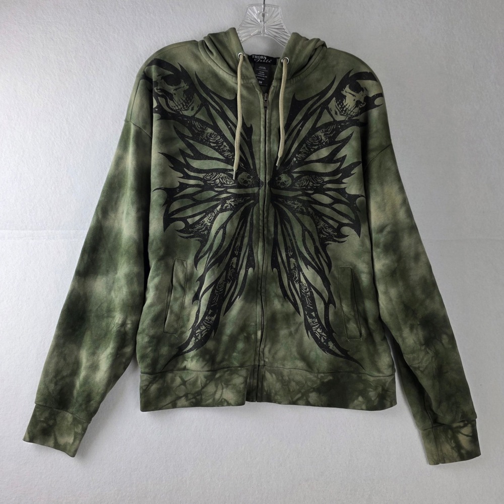 Thorn & Fable Mens Small Olive Tie Dye Skull Butterfly Graphic Zip Up Hoodie SM